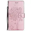 ISAKEN Kompatibel mit Galaxy Note 4 Hülle, PU Leder Flip Cover Brieftasche Ledertasche Handyhülle Tasche Case Schutzhülle mit Handschlaufe Strap für Samsung Galaxy Note 4 - Baum Katze Rosegold