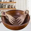 GinSent Wooden Salad Bowl with Salad Hands, 11¾"x4, Extra Durable Solid Wood Salad Serving Bowls, Handmade Kitchen Mixing Bowl Prep Bowl for Food Fruits Salads Cereal Snack, Easy to Care