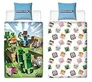 Character World Parure de lit réversible décor Minecraft 135 x 200 cm + 80 x 80 cm, 100 % coton, vert, motif blocs TNT et pioche, multicolore