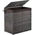 ALINK 110L Collapsible Rattan Double Laundry Basket with Lid , XXL Tall Large Foldable Divided Handwoven Waterproof 2 Sections Clothes Hamper Basket Bin, with Handles and Removable Liner Bag, Brown