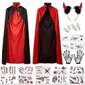 OOK Vampir Kostüm Kinder Umhang Schwarz Rot Cape Mit Tod Kultfaktor Hexe Umhang für Kinder or Damen Halloween Kostüm Mantel Umhang 80cm, 30 Temporäre Tattoos, Dentures Props, 1xTeufel hörner