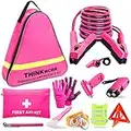 THINKWORK Car Emergency Kit for Teen Girl and Lady's Gifts, Pink Emergency Roadside Assistance kit with 10FT Jumper, First Aid Kit, Safety Hammer, Tow Rope, and More Ideal Pink Car Accessories Tool