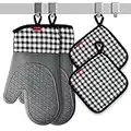 Ankway Oven Gloves and Pot Holders Set, Heat Resistant Silicone Oven Mitts, Non-Slip Pot Holders and Reusable Cotton Pads for Cooking Baking BBQ Grill Barbecue Microwave, Grey, 14.5*30cm (ASI007-P)