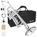 Vangoa Bb Standard Trumpet Set for Beginner, Brass Student Trumpet Instrument with Hard Case, Cleaning Kit, 7C Mouthpiece and Gloves, Silver