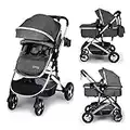 Kinder King 2 in 1 Convertible Baby Stroller, Folding High Landscape Infant Carriage, Newborn Reversible Bassinet Pram, Adjustable Canopy, Diaper Bag, Anti-Shock Toddler Pushchair Dark Grey