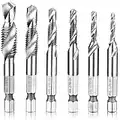 Hymnorq HSS 4341 Imperial 2-in-1 Combination Drill and Tap Bit Set Fractional Inch 1/8 Inch -3/8 Inch with 1/4 InchHex Shank and Spiral Flute Tapping Tool Set Kit Hand Tool of 6pcs