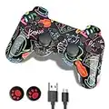 Game Controller, Wireless Controller Doppio Shock Gamepad Compatibile per Play3, Gamepad Ergonomico con Caricabatterie e Impugnature Pollice, 2021 Versione Graffiti (Red)