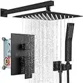 Rainfall Shower System Matte Black with High Pressure 10 inch Shower Head Hand Held Square Shower Head Bathroom Luxury Rain Mixer Shower Complete Combo Set Wall Mounted
