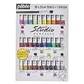 Pébéo 833431 Acrílico fino “Studio Acrylics” Estuche 30 tubos 20 ml surtidos + 1 brocha cerda “beau blanc”, multicolor, Juego de 31 piezas