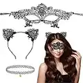 CHALA 3TLG Katzenkostüm Damen Set Reizvolle Spitzen Katzenohren Haarreif Catwoman Ohren mit Sexy Katzenmaske Halskette Cat Ear Stirnband Süße Kostüm für Halloween Fasching Karneval Masquerade Cosplay