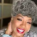 MOONSHOW Short Wigs for Black Women Pixie Cut Wig with Bangs Black Mixed Silver Short Pixie Wig Synthetic Short Cut Layered Wigs for African American Black Women(Black Mixed Silver)