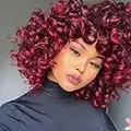 XUIEUI Short Curly Wigs for Black Women Loose Afro Curly Wig with Bangs 14 Inch Big Bouncy Fluffy Curly Wavy Synthetic Hair Replacement Wig for African American Women (Wine Red)