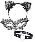 Black Cat Costume Accessories Cat Woman Sexy Costume for Women Halloween Masquerade Mask Adult, Lace Ears & Heart Choker Necklace