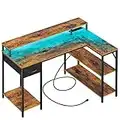 SUPERJARE L Shaped Gaming Desk with LED Lights & Power Outlets, Reversible Computer Desk with Shelves & Drawer, Corner Desk Home Office Desk, Rustic Brown