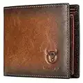 BULLCAPTAIN RFID Wallets for Men Slim Bifold Genuine Leather Front Pocket Wallet with 2 ID Windows QB-05, Brown, S, Retro