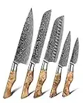 HEZHEN 5 Piezas Set Cuchillo Cocina, acero de Damasco, acero japonés con alto contenido de carbono, cuchillo universal para pan de Santoku, mango de madera con sombra blanca