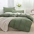 JELLYMONI Green 100% Washed Cotton Duvet Cover Set, 3 Pieces Luxury Soft Bedding Set with Zipper Closure. Solid Color Pattern Duvet Cover King Size(No Comforter)