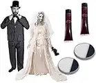 Déguisement de jeune marié avec un costume à rayures + un chapeau haut de forme + un nœud papillon ainsi qu'une robe blanche + un voile pour adulte. Ideal pour être le couple parfait d'Halloween.