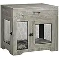 PawHut Indoor Dog Crate Furniture with Cushion, Double Doors, Pet Kennel End Table with Drawer, for Medium Dogs - Grey