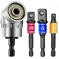 CIGOTU Impact Grade Power Hand Tools Driver Sockets Adapter Extension Set, 3Pcs 1/4 3/8 1/2" Hex Shank Drill Nut Driver Bit Set + 105 Degree Right Angle Driver Extension Screwdriver Drill Attachment