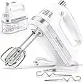 BAIGELONG Hand Electric Mixer, 300W Ultra Power Food Kitchen Mixer with 5 Self-Control Speeds + Turbo Boost, 5 Stainless Steel Attachments Handheld Mixer for Baking, White