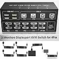 Displayport KVM Switch 4 ordenadores 2 monitores, 4K a 60Hz KVM Switch Dual Monitor Displayport con 4 USB Hub, Dual Monitor Displayport KVM 4PC Compartir 1 juego de teclado, ratón y 2 monitores