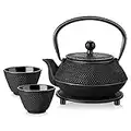 Velaze Iron Teapot Set, Traditional Japanese Tetsubin Tea Kettle Cast Iron Teapot with Stainless Steel Infuser, Antique Small Dot Design, 2 Iron Cups and Trivet Stand Tray, 700ML/ 24OZ