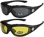 X-CRUZE Choppers - Lot de 2 paires de lunettes de soleil nocturnes nuit avec rembourrage unisexe femmes hommes - 1x Modèle 01 (noir/teinte noir) et 1x Modèle 03 (noir/teinte jaune) - Modèle 01 + 03 -