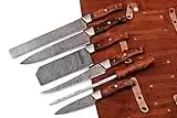 HM-(Brown) Custom Made Damascus Steel #6 Pcs of Professional Utility Kitchen knives Set Comes with Sweet Leather Roll Kit (3712)