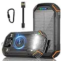 LEO WAY Cargador Solar 36000mAh con 3 Cables, Power Bank Solar Carga Inalámbrica, Batería Externa Portátil de 4 Salidas y 3 Entradas Carga Rápida de 15W con Linterna LED Compatible con iPhone Samsung