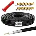 HB-DIGITAL 50m de Cable coaxial Sat HQ-135dB Pro Incl. Pelacables + 10 Clavijas F Doradas | Cable de Antena satelital 4 Veces apantallado | para Sistemas de Radio DVB-S/S2 DVB-C/C2 DVB-T/T2 Dab+ BK