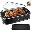 KCZAZY Electric Smokeless Grill with Glass Lid, Indoor and Outdoor Use, Grill and Griddle Plates Removable, Portable BBQ Grilling & Searing, Dishwasher Safe, included Cookbook, Gift Box (Exclusive)