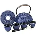 Ufine Blue Floral Cast Iron Teapot Set Japanese Style Tetsubin Tea Kettle with 4 Cups, Stainless Steel Infuser for Stove Top Tea Brewing 28 oz