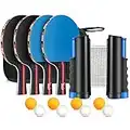 Racchetta Ping Pong, Portatile Set da Ping Pong con 4 Racchette + 8 Palline +1 Regolabile Rete per Attività all'aperto al Coperto