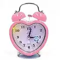Monique Students Seniors 3in Twin Bell Loud Alarm ,Silent Analog Quartz Nightlight Clock Battery Operated for Heavy Sleepers Heart Shape Pink