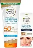 Garnier Ambre Solaire - Coffret Protection Crème Solaire Visage et Corps FPS 50+ - Lait Protecteur Carton (200 ml) et Fluide Visage (40 ml) - Pour Peaux Sensibles - Sensitive Expert+