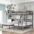 DNYN Full Over Twin Bunk Bed with Small Drawers & Ladder for Kids/Adults Bedroom,3 in 1 Triple Bunkbed,Solid Pinewood Bedframe w/Safety Guardrals,Space Saving Design & No Box Spring Needed, Gray