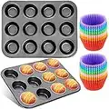 Frasheng Lot de 2 moules à muffins en acier carbone antiadhésif & Paquet de 24 Moules de Cuisson Réutilisables en Silicone, Anti-adhésif, taille standard, passe au lave-vaisselle,Mini Muffins Cupcakes