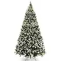 Goplus Pre-lit Snow Flocked Christmas Tree, 9ft Hinged Artificial Xmas Tree w/ Pine Cones, Red Berries & 900 LED Lights, Indoor Holiday Festival Decoration