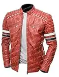 Mens Cafe Racer Retro Motorcycle Leather Jacket (XL, Red)