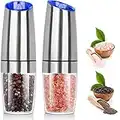 Salt and Pepper Grinder Electric Gravity Grinder, Refillable Automatic One-Hand Operated Pepper and Salt Mill Set with Adjustable Coarseness and LED light, Battery-Operated 2 Pack