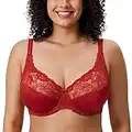 DELIMIRA Women's Plus Size Full Coverage Underwire Unlined Minimizer Lace Bra Dark Red 36H