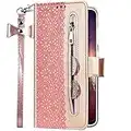 Uposao Cover Compatibile con Samsung Galaxy S10e in Pelle PU Cuoio Cerniera Fiori Pizzo Portafoglio a Libro Custodia Funzione Antiurto Libro con Supporto,Slot per Schede,Cinturino da Polso,Oro Rosa