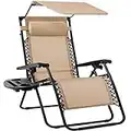 Best Choice Products Folding Zero Gravity Outdoor Recliner Patio Lounge Chair w/Adjustable Canopy Shade, Headrest, Side Accessory Tray, Textilene Mesh - Beige