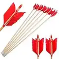 SHARROW Tir à l'arc Flèche en Bois Traditionnel Flu-Flu Flèches 32 Pouces Flèches Grippe-Grippe Flèches de Chasse avec 4 Plumes Naturelles pour la Chasse au Petit Gibier (Rouge, 6pcs)