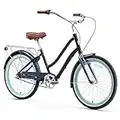 sixthreezero EVRYjourney Women's 7-Speed Step-Through Hybrid Cruiser Bicycle, 26" Wheels and 17.5" Frame, Navy with Brown Seat and Grips (630035)