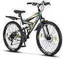 Licorne Bike Strong D 26" mountain bike Fully, adatto a partire da 150 cm, freno a disco anteriore e posteriore, cambio a 21 marce, sospensioni complete, per ragazzi, Nero/Blu/Lime