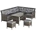 Outsunny 6 Pieces Patio Dining Set Wicker Outdoor Furniture Set Garden Rattan Sofa Set Outdoor Sectional Couch with Cushions, Dining Table and Ottomans, Gray