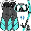 Createy Mask Fin Snorkel Set, Dry Snorkeling Gear Panoramic Wide View Diving Mask Anti-Fog, Dive Flippers, Anti-Leak Dry Top Snorkel with Travel Bag for Swimming Scuba Diving Training Adults Men Women