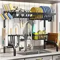 SAYZH Over The Sink Dish Drying Rack, 2 Tier Rack Adjustable (25.5 to 33.5 inch) Dish Drainer Rack with Utensil Sponge Holder Caddy for Kitchen Counter Organization, Black
